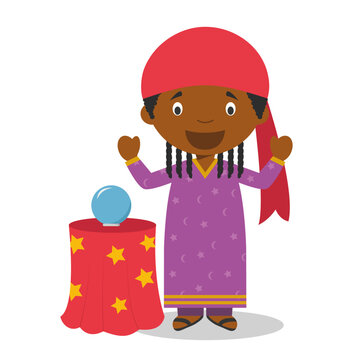Cute cartoon vector illustration of a black or african american male fortune teller.