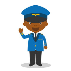 Cute cartoon vector illustration of a black or african american male pilot.