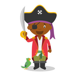 Cute cartoon vector illustration of a black or african american pirate.