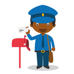 Cute cartoon vector illustration of a black or african american male postman. - 530604153