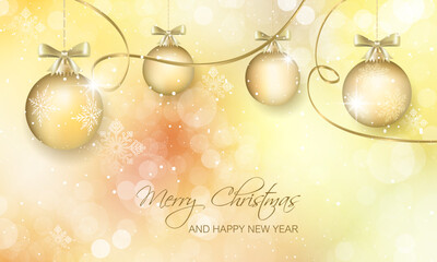 Christmas greeting card with balls, ribbons, stars, snow and light golden background.