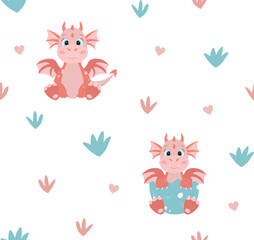 Seamless pattern with cute little cartoon red dragons and leaves. Perfect for fabric, wallpaper or wrapping paper.