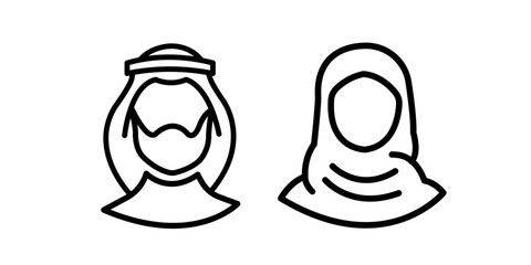 Saudi People line icon. Man and Woman in traditional Muslim shemakh head scarf. Arab couple outline shape. Vector illustration editable stroke