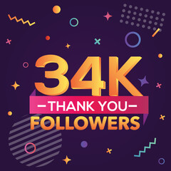 Thank you 34000 followers, thanks banner.First 34K follower congratulation card with geometric figures, lines, squares, circles for Social Networks.Web blogger celebrate a large number of subscribers.