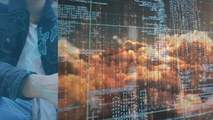 Animation of data processing and clouds over biracial man using smartphone - Powered by Adobe