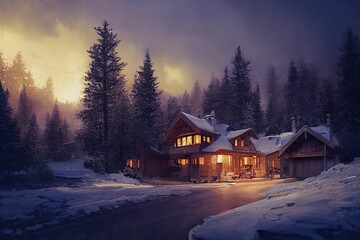 Illustration of a wooden house in the snowy woods with lit lights at night