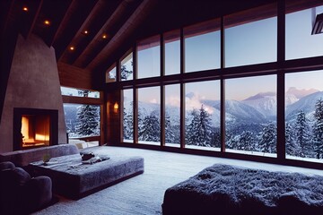 Cozy interior of a house with big windows to the snowy forest and a fireplace