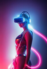 Vertical 3D render of a futuristic cyberpunk woman wearing a VR headset with pink neon lights © Frederic Mouniguet/Wirestock Creators