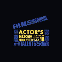 Acting school, Film word mark logo panel.Decorative bold text lettering.Screen, theatre, television industry typography concept.Creative initials isolated on dark background.