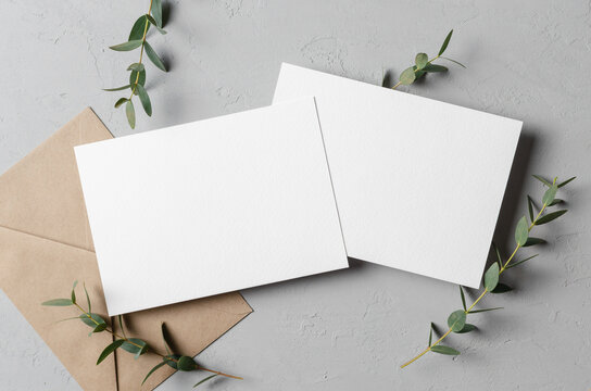 Iinvitation Card Mockup With Envelope And Eucalyptus Twigs, Front And Back Sides