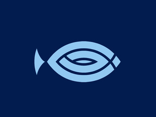 Fototapeta premium Fish, seafood logo emblem for food packaging. Ocean, sea, marine animal concept icon. Abstract, decorative style illustration isolated on dark background. Blue color graphic sign.