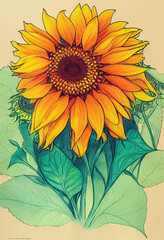 Fototapeta na wymiar Drawing - Sunflower Portrait - Sunny Flowers