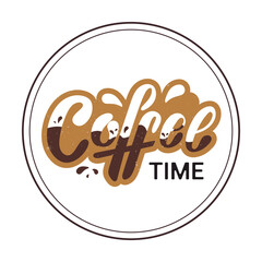 Coffee time logo. Hand lettering, white and brown letters with coffee drops in a circle. Stamp.Vector illustration for cafe bar shop menu. Coffee Menu set sticker banner ads sticker logotype.