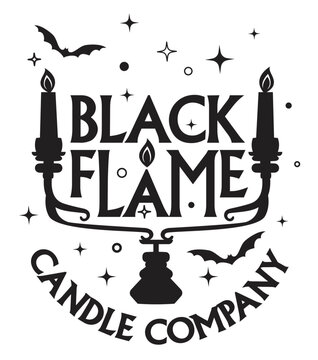 Black Flame Candle Company surrounded by stars and bats, Holiday Printable Vector Illustration.