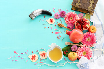 Rosh hashanah (jewish New Year holiday) concept. Traditional symbols