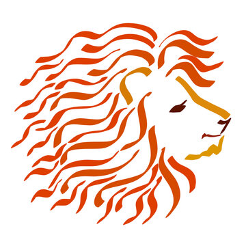 lion head with wavy mane and kind facial expression, abstract color pattern of lines on a white background