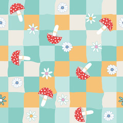Seamless pattern with flowers and mushrooms. Trendy print. Vector hand drawn illustration.