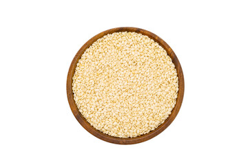 Top view or flat lay of fresh raw white sesame in wooden bowl isolated on white background with clipping path.