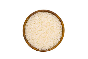 Top view or flat lay of fresh raw jasmine rice in wooden bowl isolated on white background with clipping path.