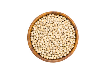 Top view or flat lay of fresh raw white pepper in wooden bowl isolated on white background with clipping path.