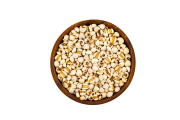 Top view or flat lay of fresh raw millet or sorghum in wooden bowl isolated on white background with clipping path.