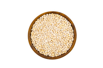 Top view or flat lay of fresh raw barley in wooden bowl isolated on white background with clipping path.