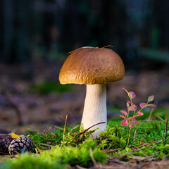 edible porcini mushroom in a forest glade close-up under the light of sunlight with beautiful bokeh