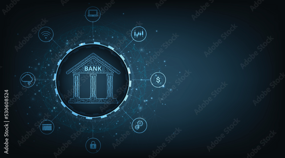 Poster banking technology concept.isometric illustration of bank on technology circuit lines background.dig