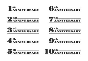 Anniversary logo or icon set. 10, 20, 30, 40, 50, 60, 70, 80, 90, 100 years. Birthday, jubilee, celebration, invitation badge, label or banner design. Vector illustration.