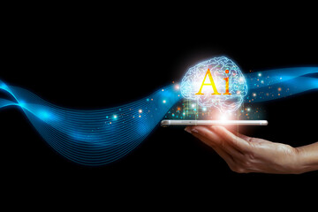 Artificial intelligence (AI) of the future of tools and data warehousing, and another modern computing technology UI by tapping on the CPU icon by hand and commanding the WiFi wireless technology.