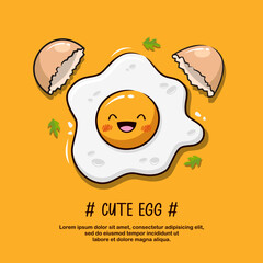 Cute Fried Egg On Yellow Background, Cartoon Illustration