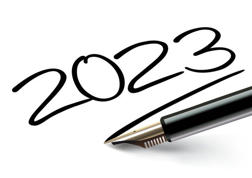 Vœux 2023 inscrit sur un papier blanc à l’encre noir avec un stylo plume et souligné comme une signature.