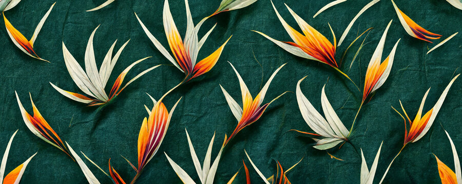 Bird of paradise flower pattern, wallpaper floral design with green background, texture for posters, flyers, postcards