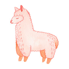 Llama and alpaca collection of cute hand drawn watercolor  illustrations, cards and design for nursery design, poster, greeting card. Llamas or alpacas clip-art. Cute animals watercolor  illustration.