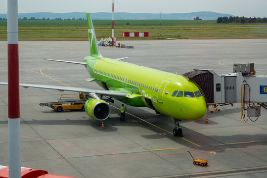Samara, Russia - july 12, 2022:  S7 Airlines plane at Kurumoch International Airport in Samara.