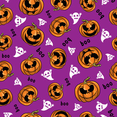 Halloween pattern with pumpkins und spooky, holiday banner, purple background with halloween elements, boo text, halloween print, horror pumpkins, halloween set, vector illustration
