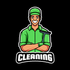CLEANING SERVICES CARTOON CHARACTER MASCOT LOGO