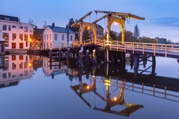 Night Leiden canal Galgewater and Rembrandt Bridge, South Holland, Netherlands