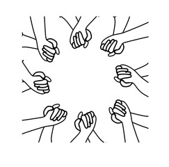 The concept of inclusion, equality and diversity. Hands hold each other and form a circle. black and white one line illustration