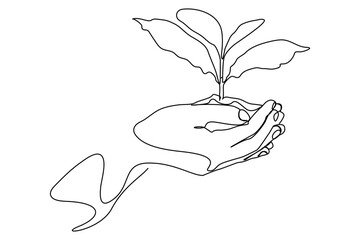 continuous line drawing return to nature with hands holding trees concept of growing and loving the world