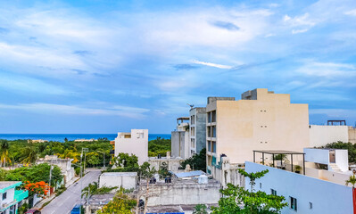 Cityscape caribbean ocean and beach panorama view Playa del Carmen.