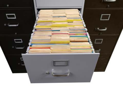 Old files in funky vintage metal file cabinets isolated. 