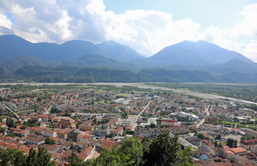 Fototapeta na wymiar top view of the small town of TOLMEZZO in the province of Udine in the Friuli Venezia Giulia region in Italy