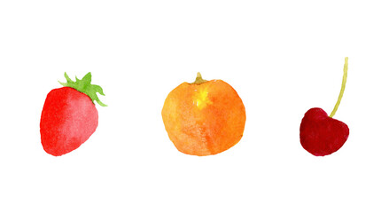 Watercolor minimalistic fruits set on isolated white background (peach, cherry, strawberry). For social media, postcard, greeting card, stationery, invitation, art printable, planner, stickers