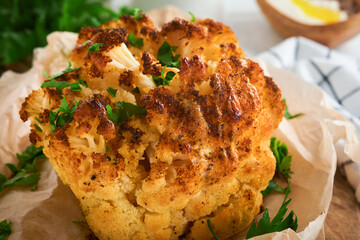 Baked cauliflower. Oven or whole baked cauliflower spices and herbs server on wooden rustic board on old white wooden background table. Delicious cauliflower. Eyal Shani dish. Perfect tasty snack.