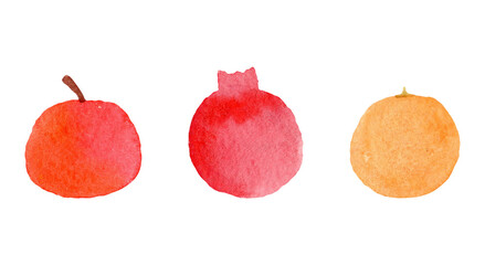 Watercolor minimalistic fruits set on isolated white background (orange, apple, pomegranate). For social media, postcard, greeting card, stationery, invitation, art printable, planner, stickers