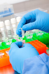 Closeup of scientist hands while extracting DNA using the spin column-based nucleic acid...