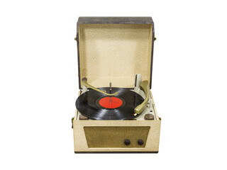 Vintage turntable with red record album isolated.