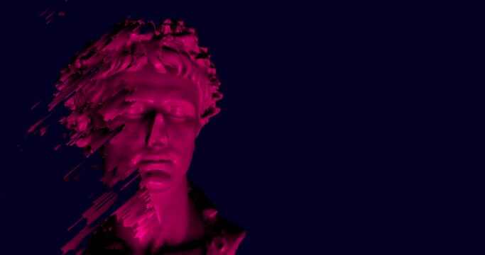 Digital noise on classical statue. Head statue as digital 3D model (CC0) with glitch and pixel sorting. Concept for digital heritage and culture digitisation in blockchain as NFT or tech apps VR or AR