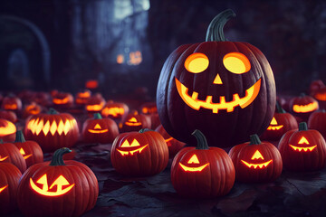 Dark forest with carved halloween pumpkin lanterns and one big lantern